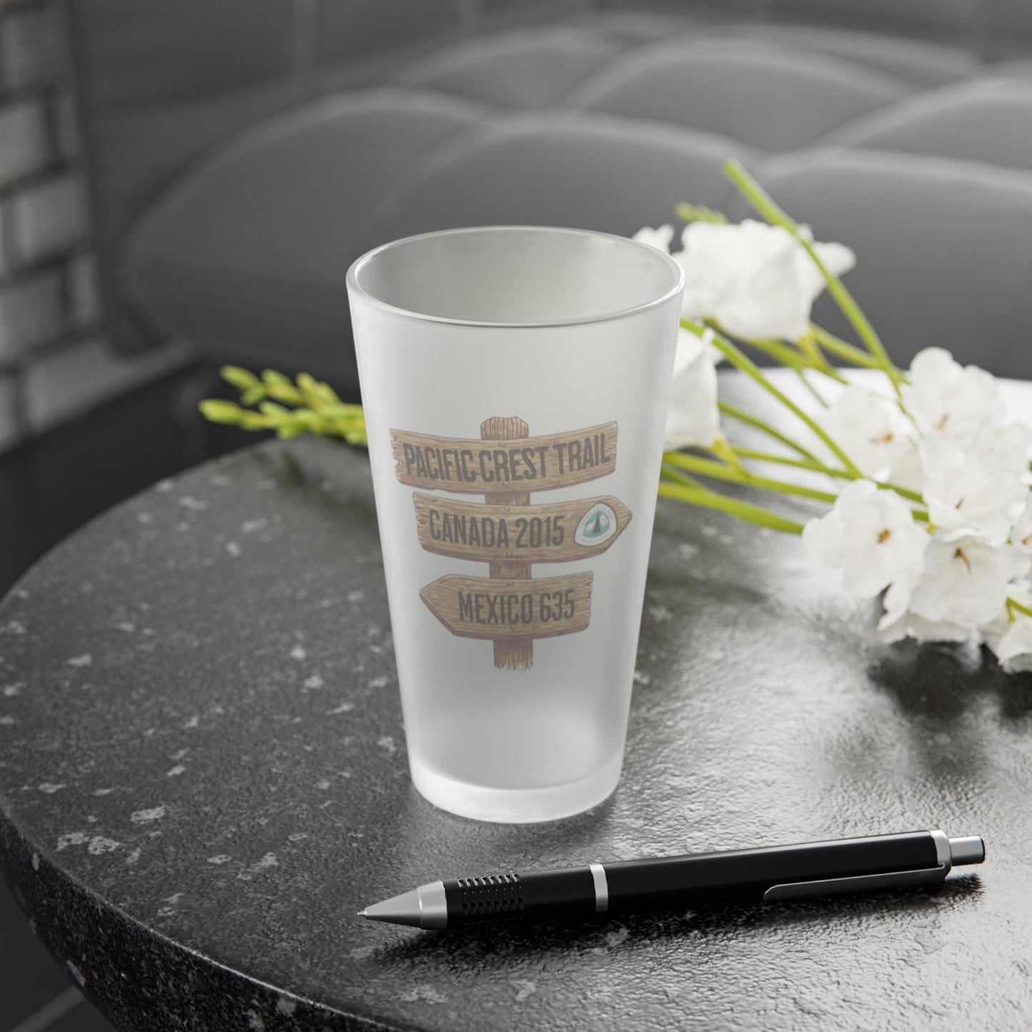 Pacific Crest Trail Mileage Sign Frosted Pint Glass