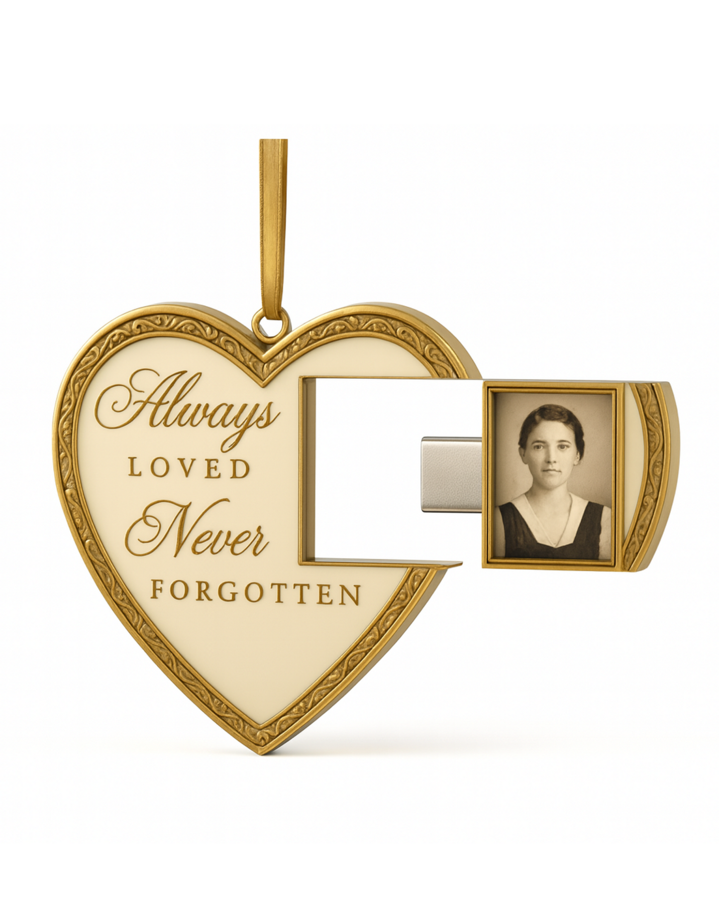 Heirloom-Quality Metal Memorial Ornament with Hidden USB-C Drive – Double-Sided Photo Frame Keepsake to Relive Loved Ones’ Memories