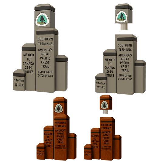 Pacific Crest Trail Memory Vault Keepsake - Southern and Northern Terminus monuments USB for travel memories.