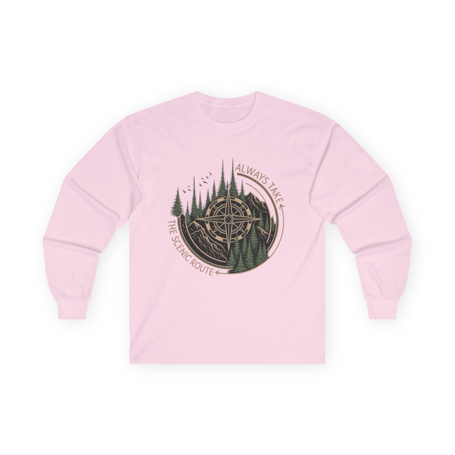 Compass & Pines Long Sleeve Tee — "Always Take The Scenic Route" Adventure Shirt