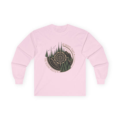 Compass & Pines Long Sleeve Tee — "Always Take The Scenic Route" Adventure Shirt