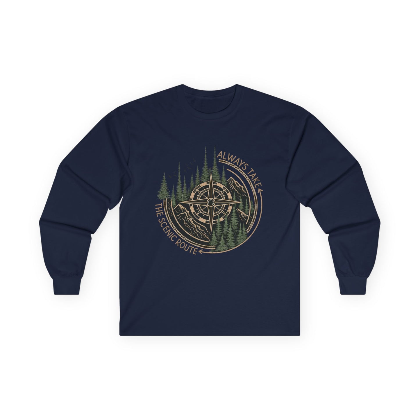 Compass & Pines Long Sleeve Tee — "Always Take The Scenic Route" Adventure Shirt