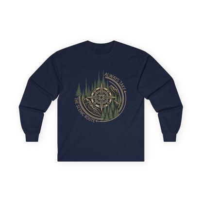 Compass & Pines Long Sleeve Tee — "Always Take The Scenic Route" Adventure Shirt