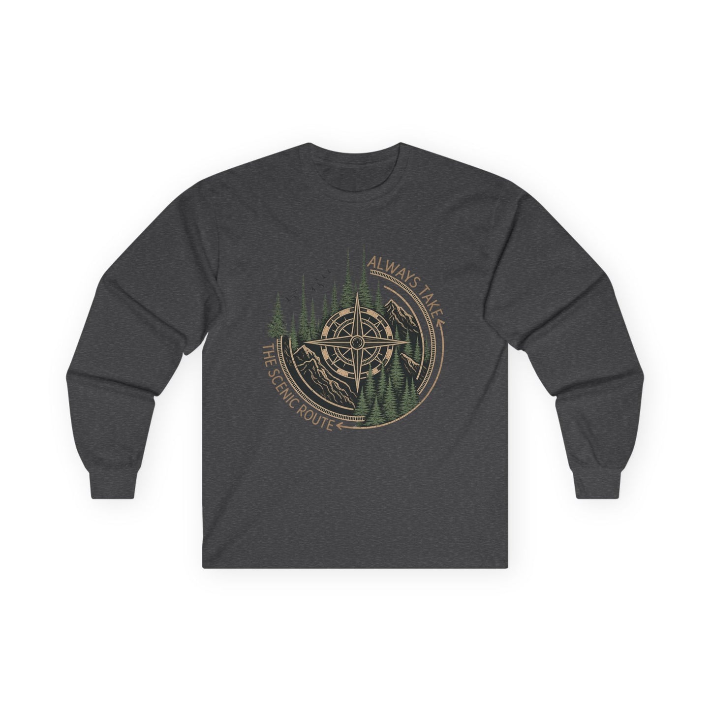Compass & Pines Long Sleeve Tee — "Always Take The Scenic Route" Adventure Shirt