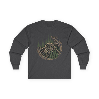 Compass & Pines Long Sleeve Tee — "Always Take The Scenic Route" Adventure Shirt