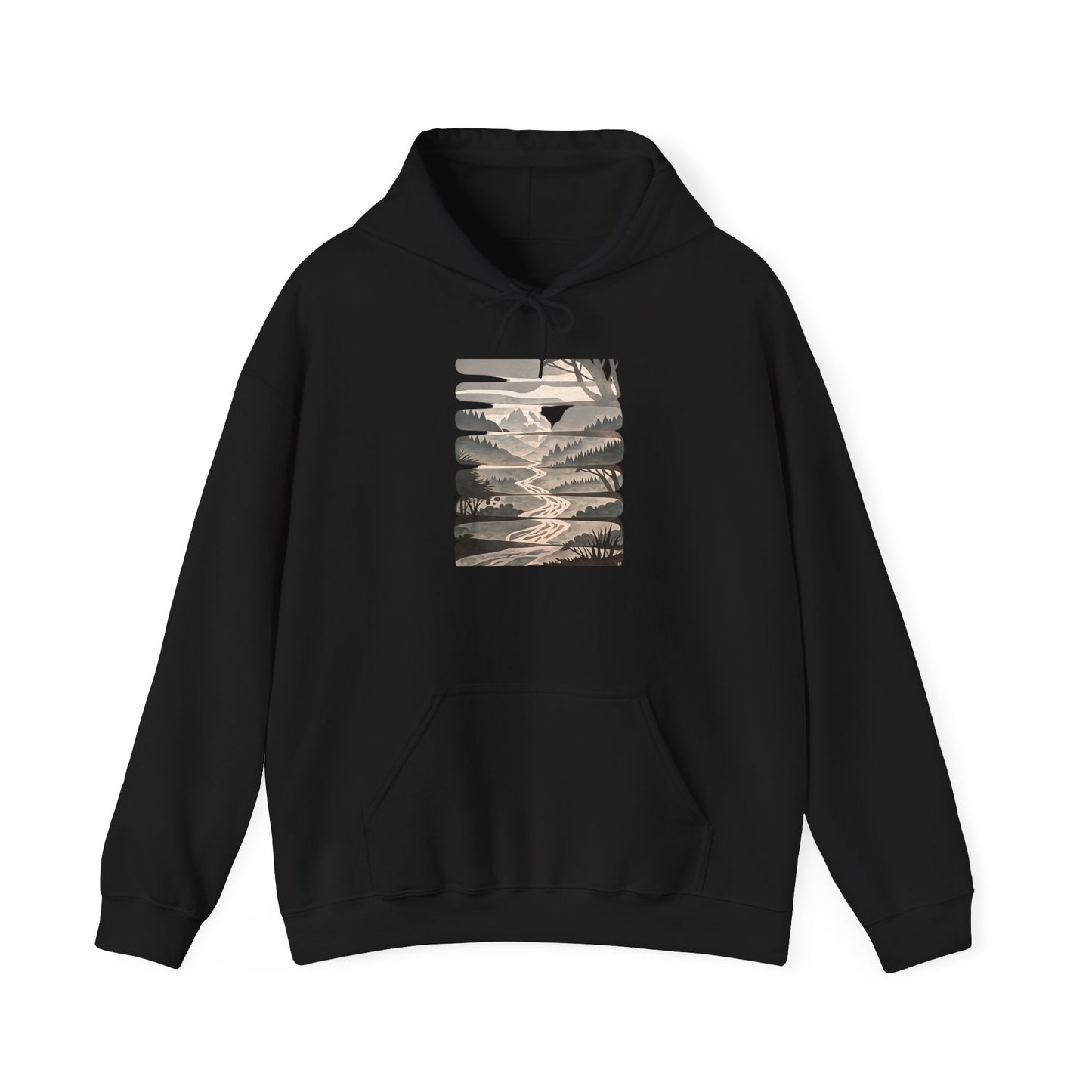Nature Trail Hoodie — Serene Mountain River Graphic Hooded Sweatshirt