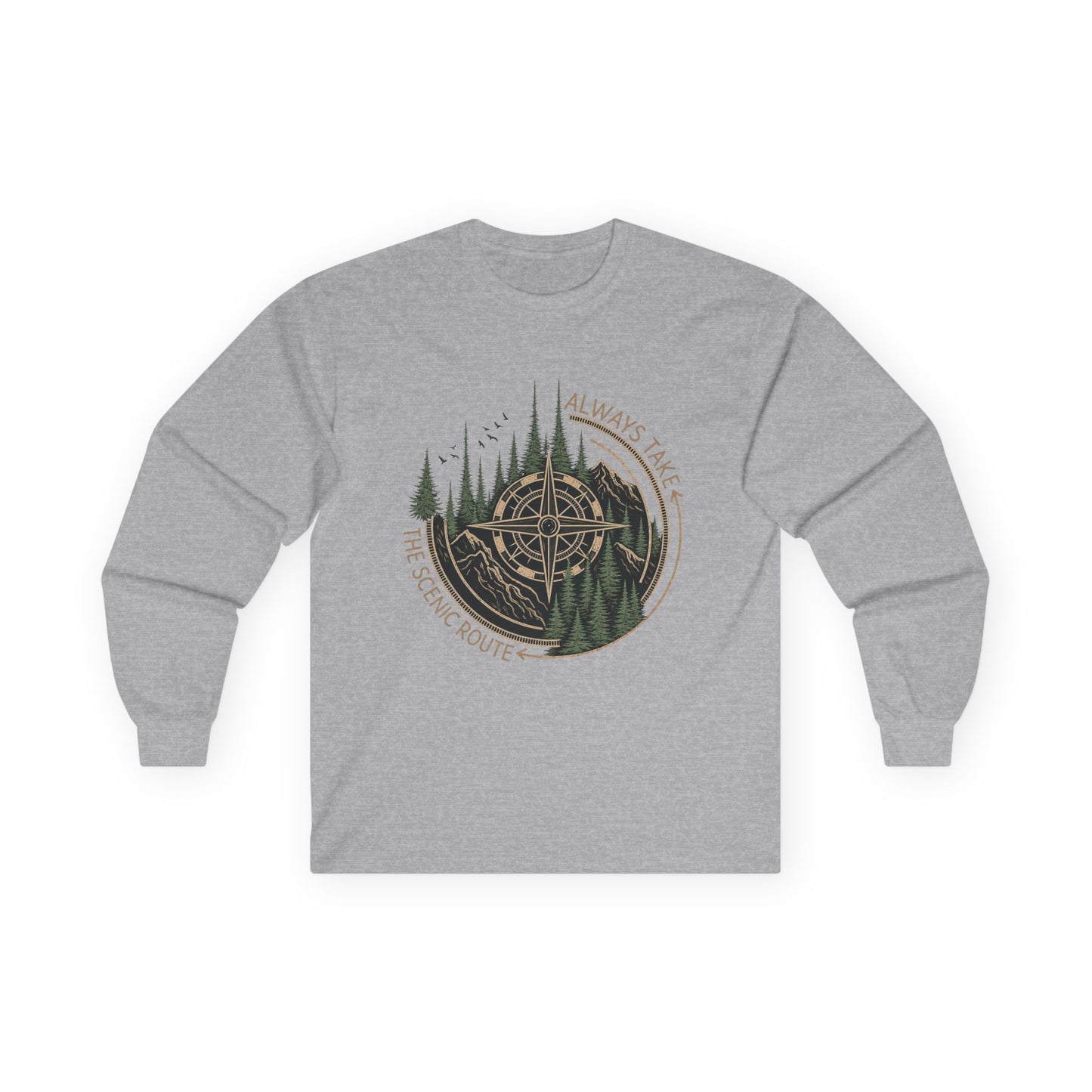 Compass & Pines Long Sleeve Tee — "Always Take The Scenic Route" Adventure Shirt