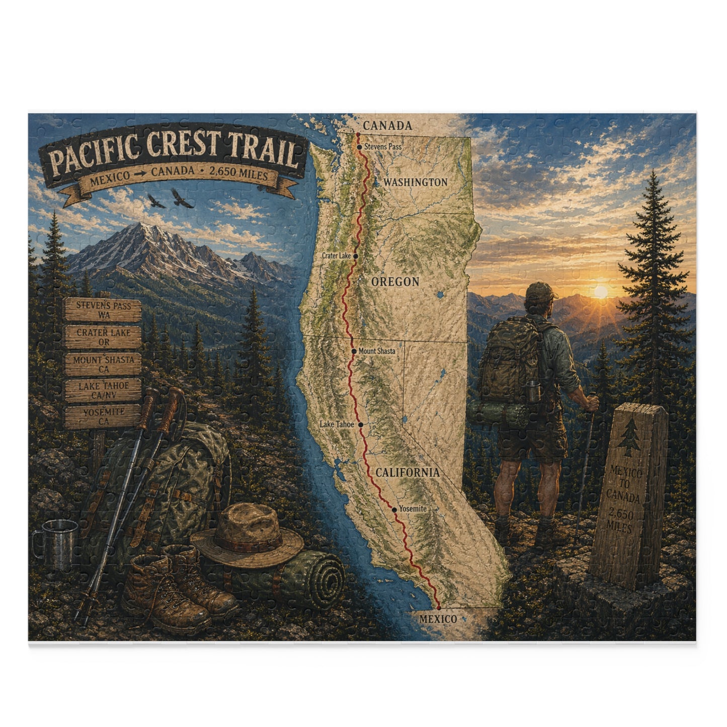 Pacific Crest Trail Map Puzzle — Scenic Hiker Landscape Jigsaw (120/252/500 pcs)