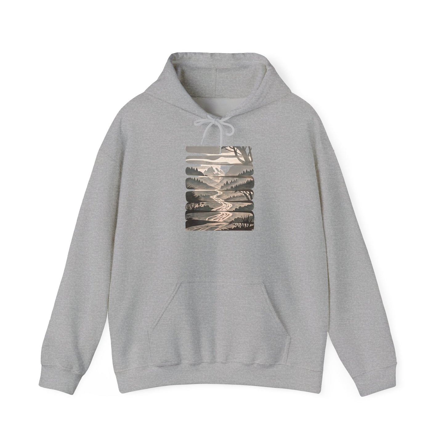 Nature Trail Hoodie — Serene Mountain River Graphic Hooded Sweatshirt