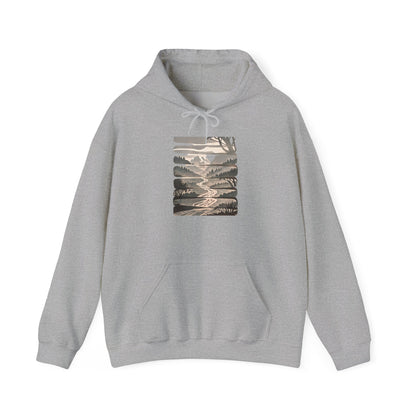 Nature Trail Hoodie — Serene Mountain River Graphic Hooded Sweatshirt