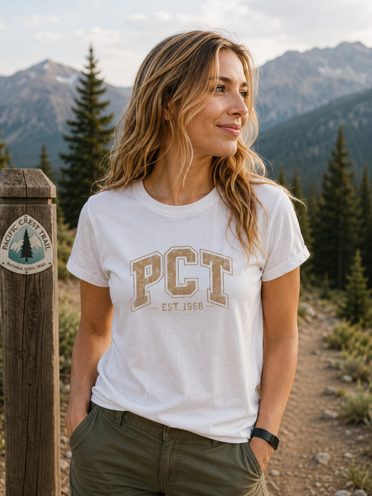 PCT Vintage Collegiate T-Shirt — 'PCT EST. 1968' Retro College Tee