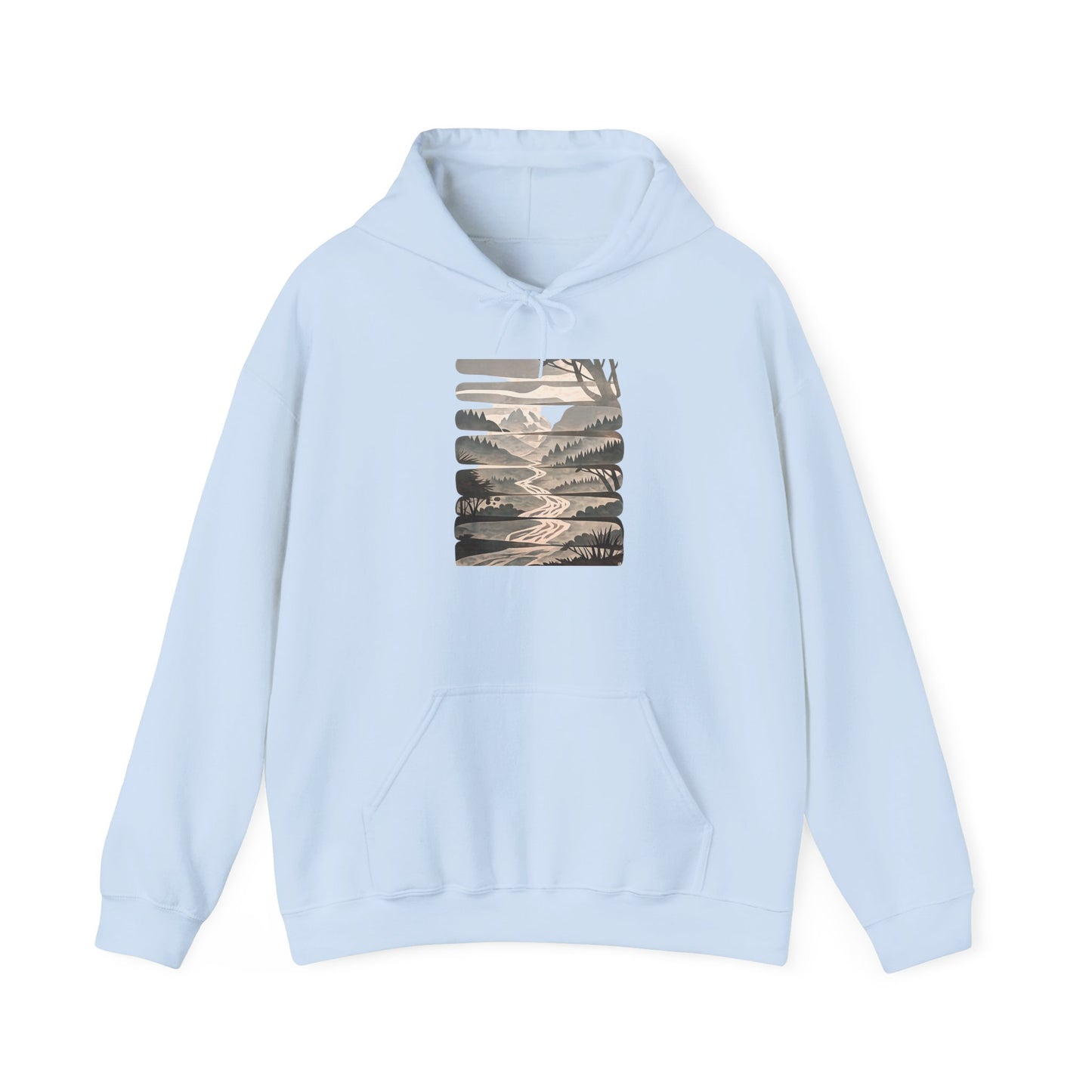 Nature Trail Hoodie — Serene Mountain River Graphic Hooded Sweatshirt