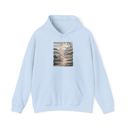 Nature Trail Hoodie — Serene Mountain River Graphic Hooded Sweatshirt