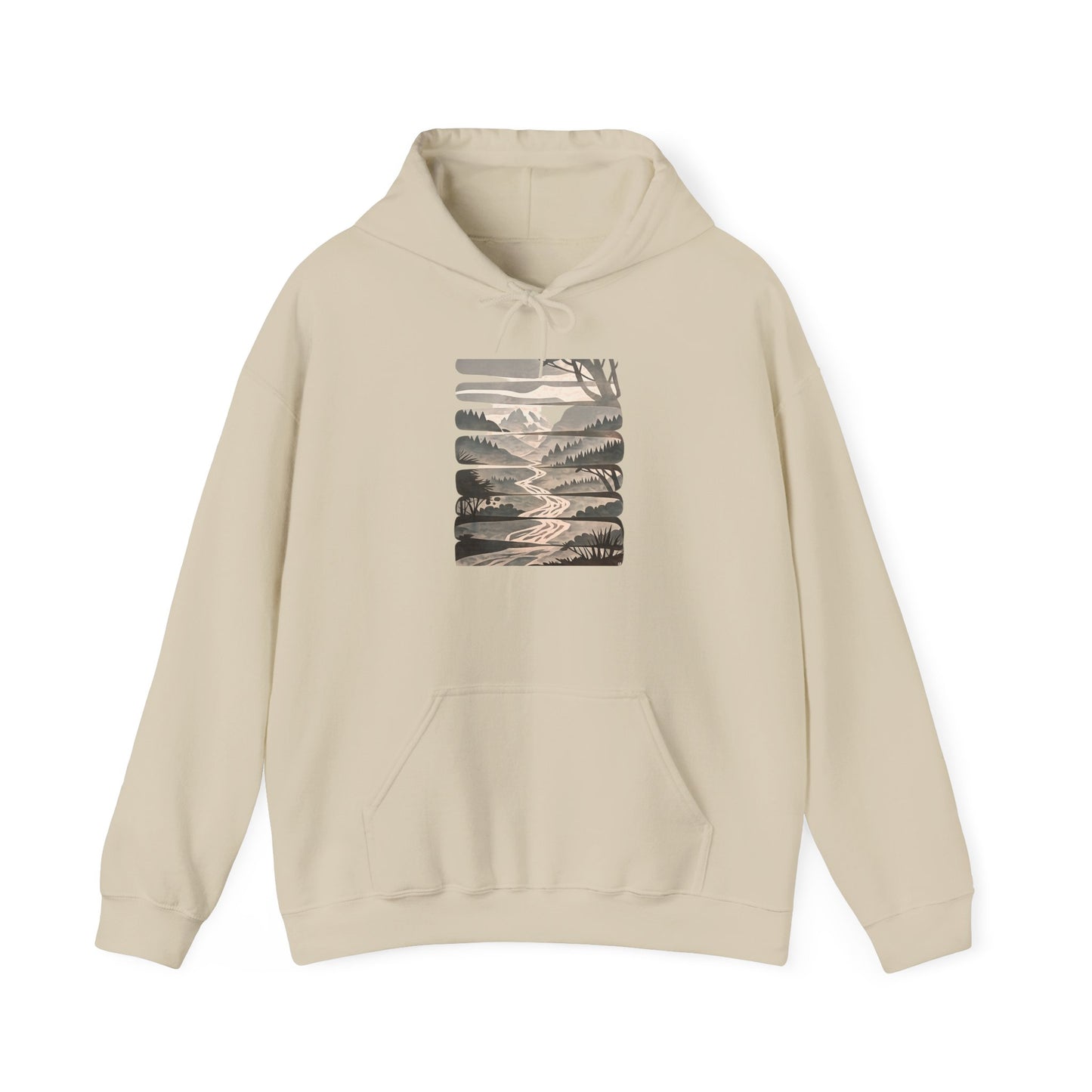 Nature Trail Hoodie — Serene Mountain River Graphic Hooded Sweatshirt