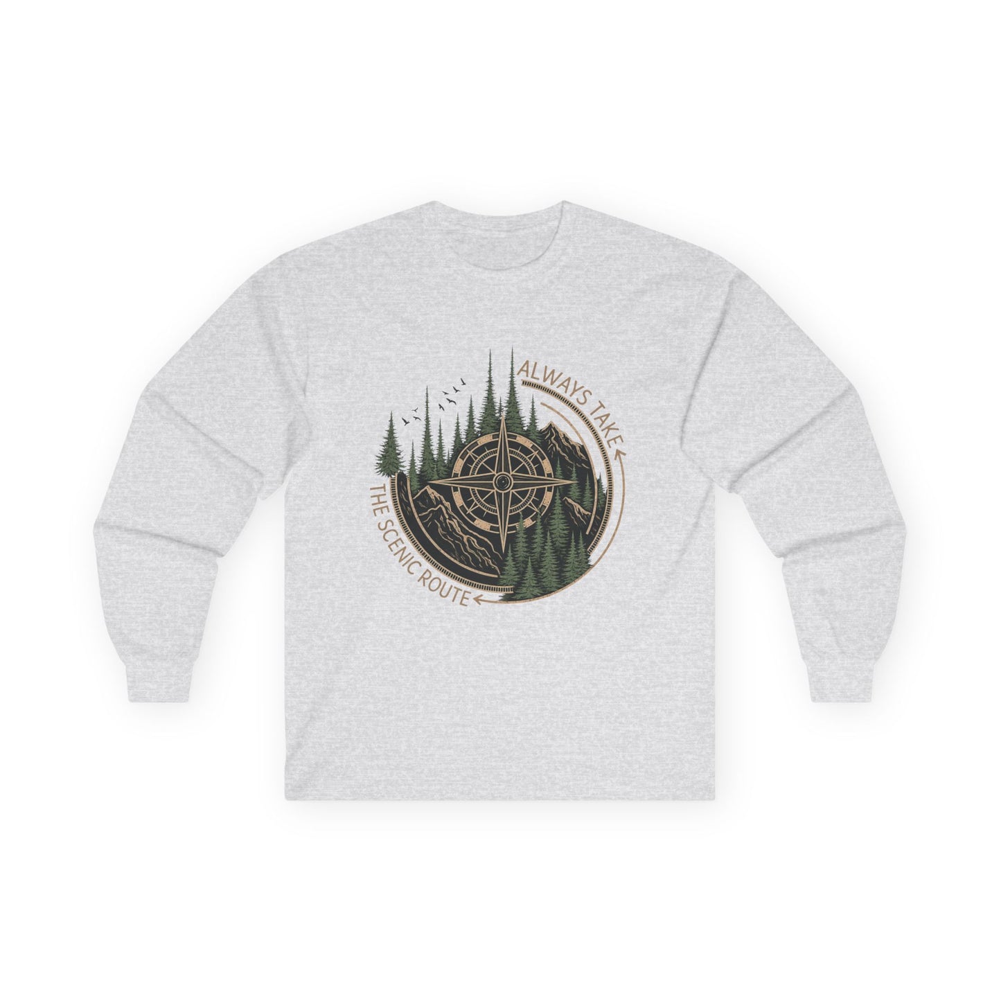Compass & Pines Long Sleeve Tee — "Always Take The Scenic Route" Adventure Shirt