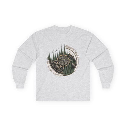 Compass & Pines Long Sleeve Tee — "Always Take The Scenic Route" Adventure Shirt