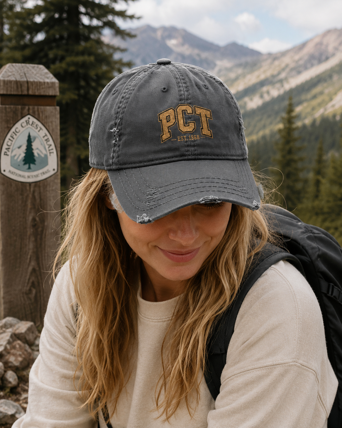 Distressed Embroidered Dad Hat – PCT Logo, Vintage Washed Baseball Cap