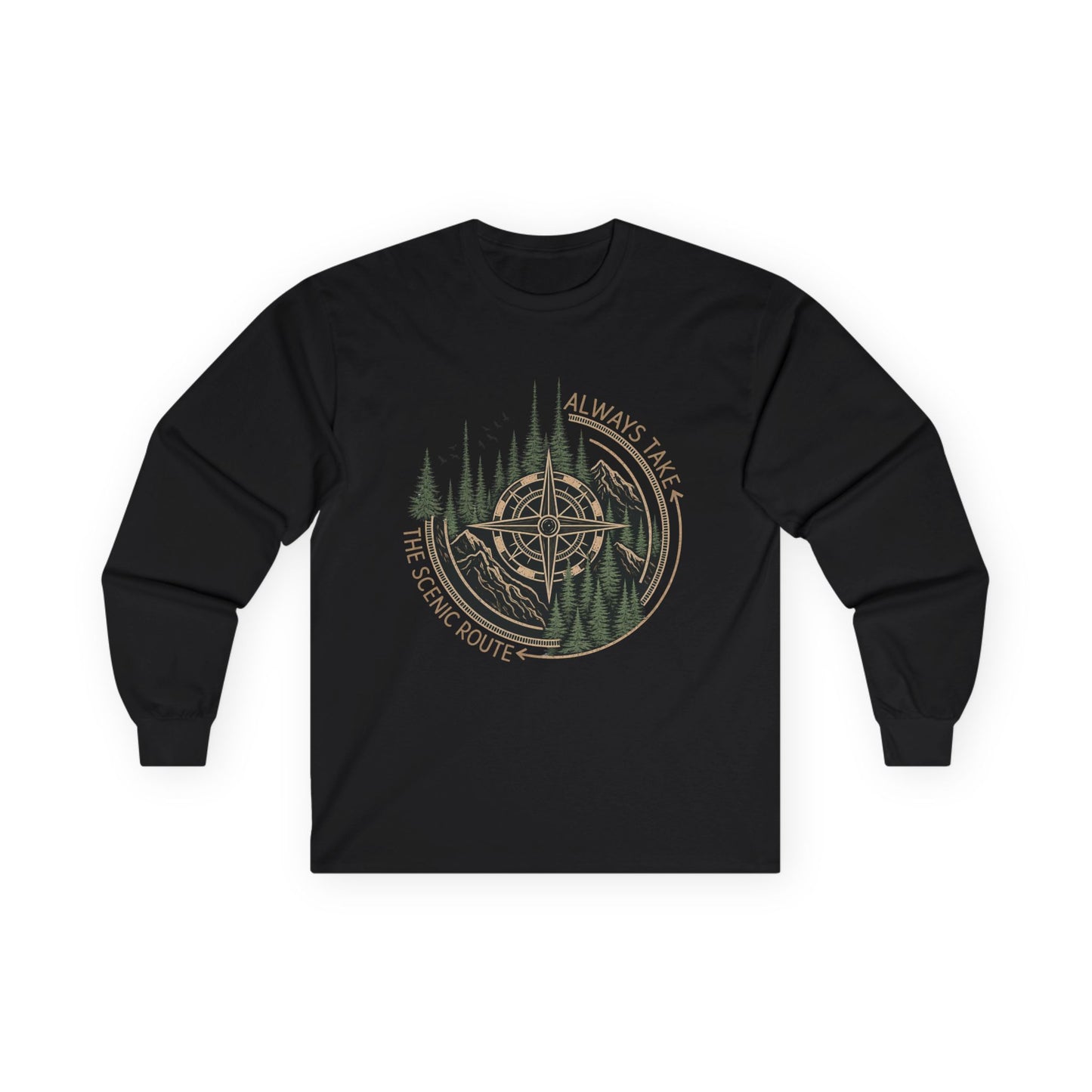 Compass & Pines Long Sleeve Tee — "Always Take The Scenic Route" Adventure Shirt