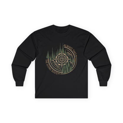 Compass & Pines Long Sleeve Tee — "Always Take The Scenic Route" Adventure Shirt