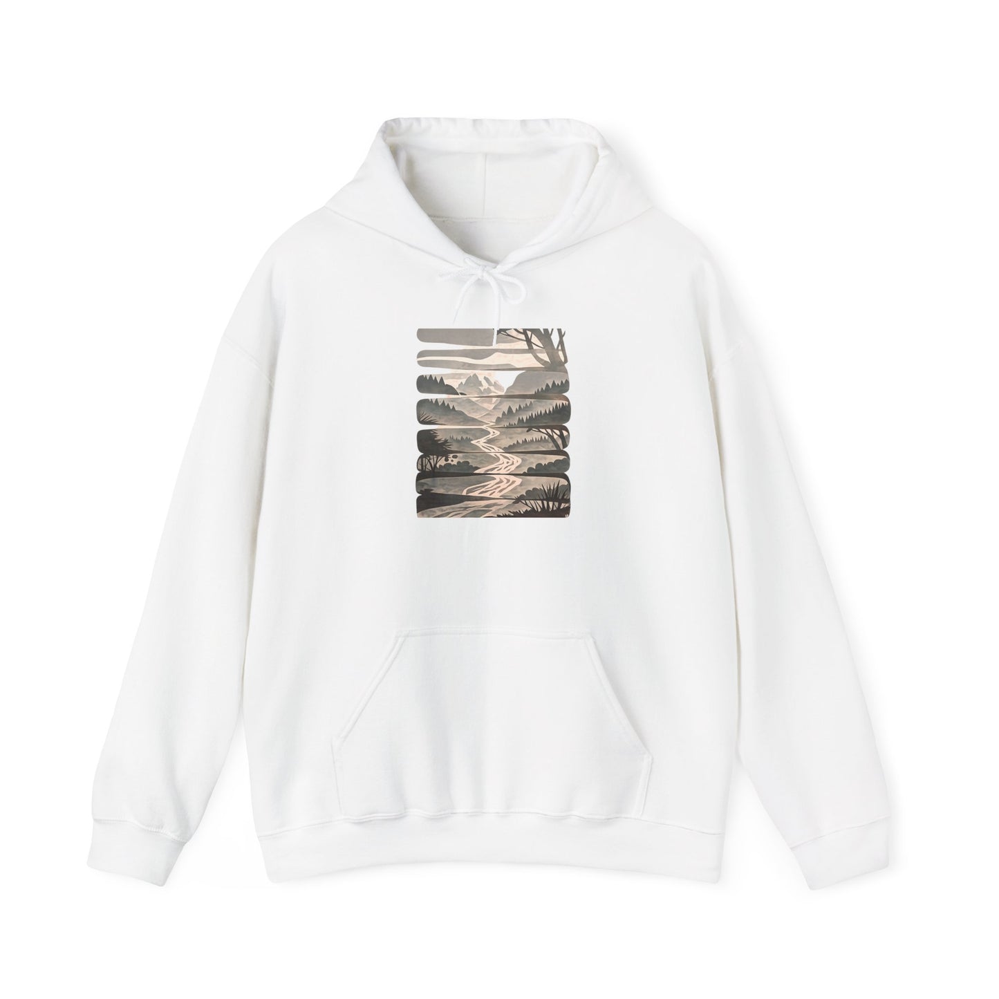 Nature Trail Hoodie — Serene Mountain River Graphic Hooded Sweatshirt