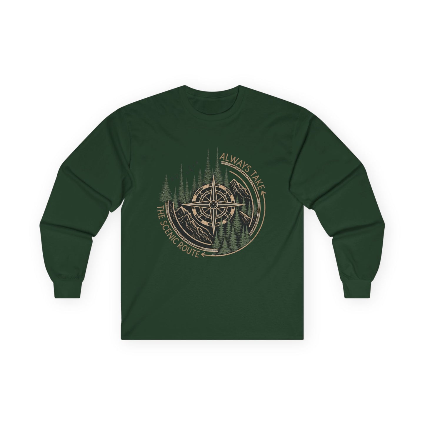 Compass & Pines Long Sleeve Tee — "Always Take The Scenic Route" Adventure Shirt