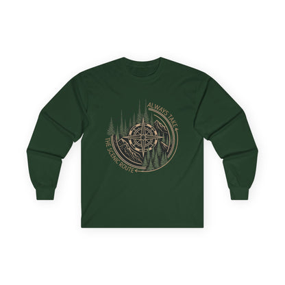 Compass & Pines Long Sleeve Tee — "Always Take The Scenic Route" Adventure Shirt