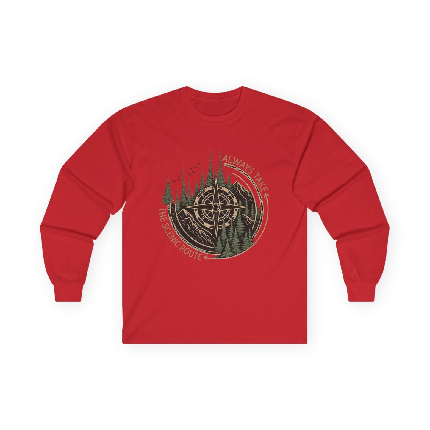 Compass & Pines Long Sleeve Tee — "Always Take The Scenic Route" Adventure Shirt