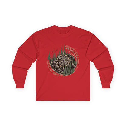 Compass & Pines Long Sleeve Tee — "Always Take The Scenic Route" Adventure Shirt