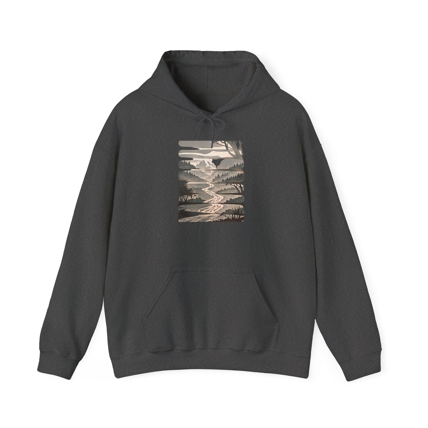 Nature Trail Hoodie — Serene Mountain River Graphic Hooded Sweatshirt