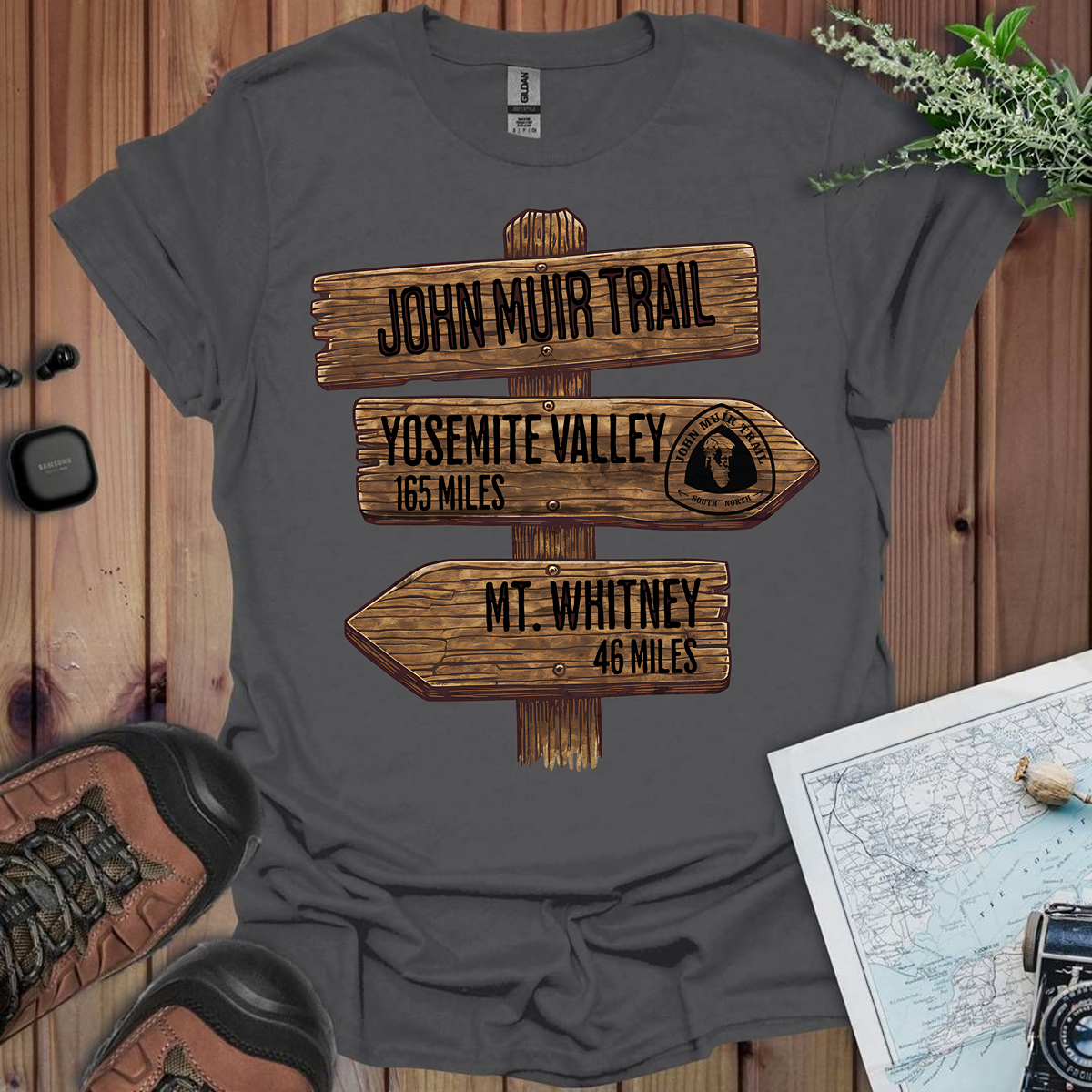 John Muir Trail Unisex T-Shirt Wood Sign 211 Miles