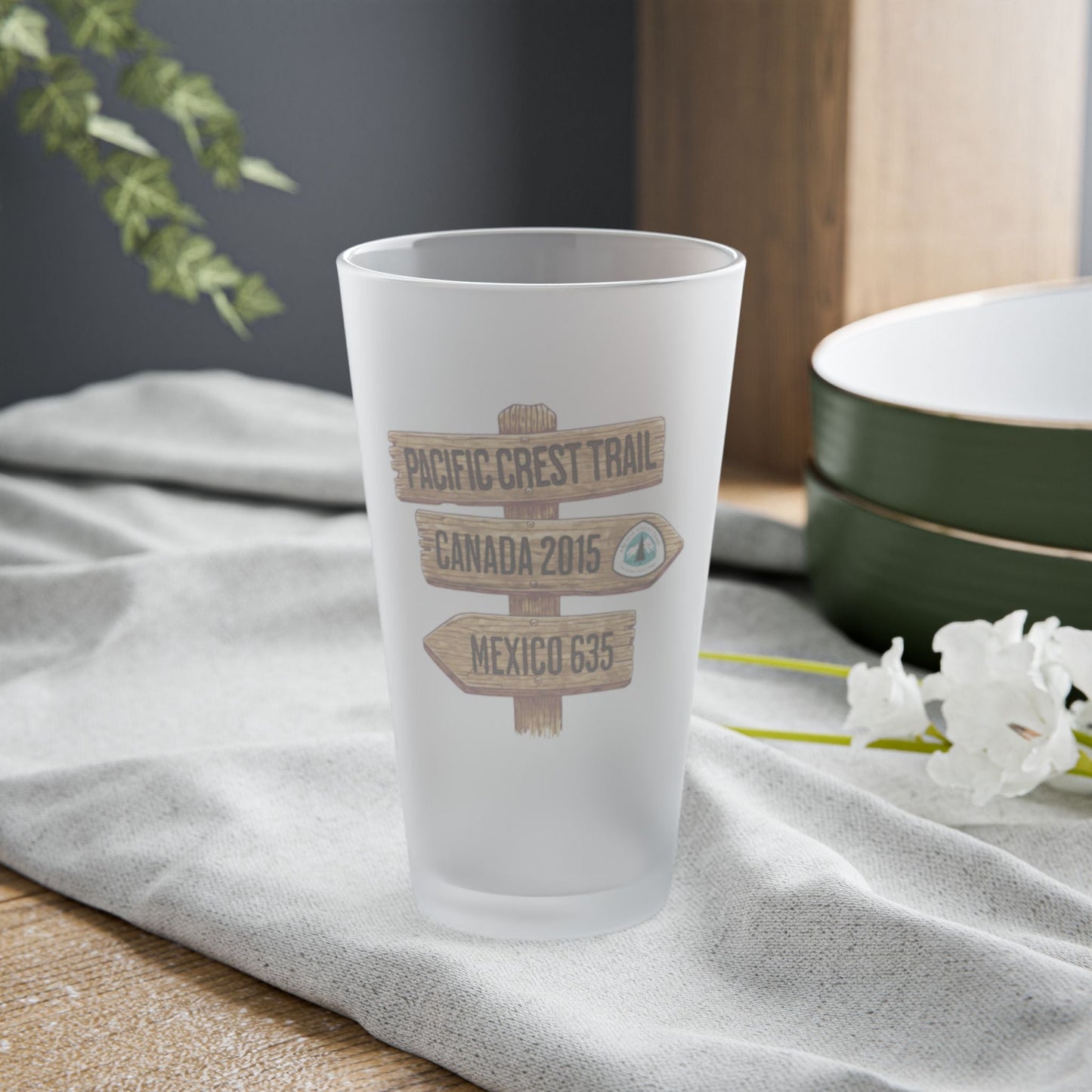 Pacific Crest Trail Mileage Sign Frosted Pint Glass