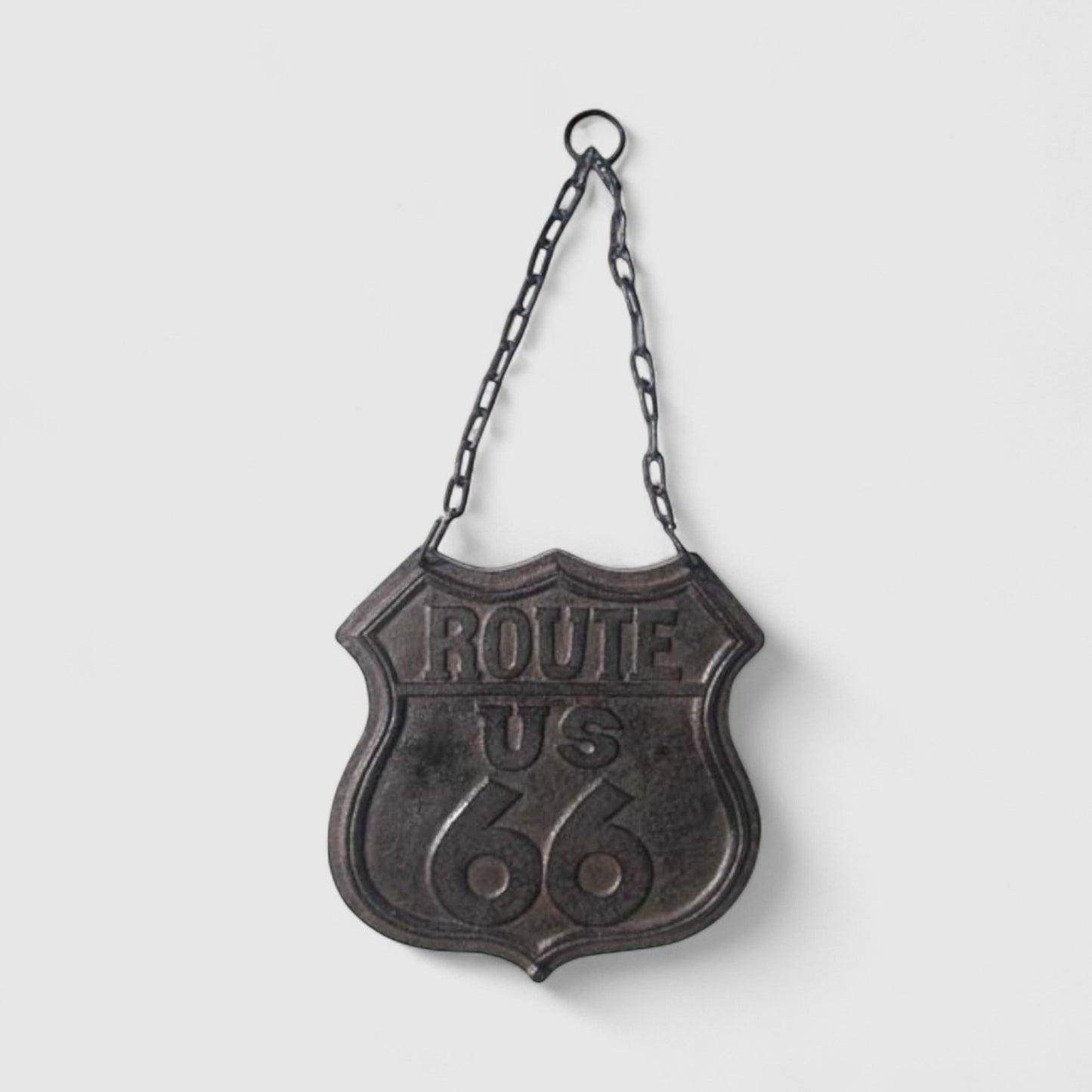 Retro Cast Iron Route 66 Plaque with Chain - Rustic Western Vintage Road Sign