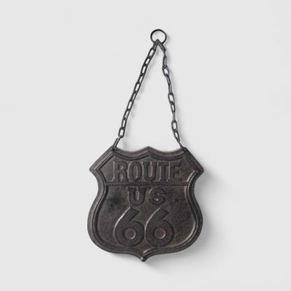 Retro Cast Iron Route 66 Plaque with Chain - Rustic Western Vintage Road Sign