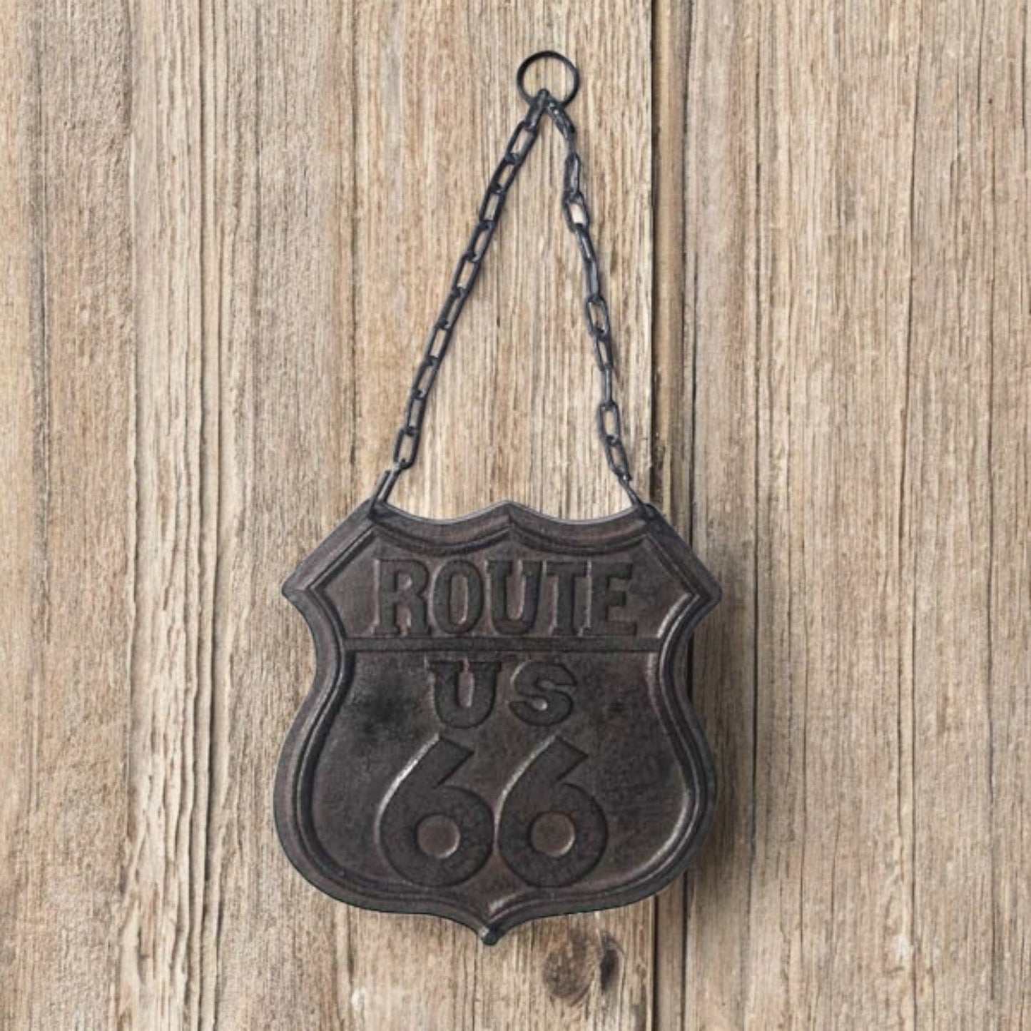 Retro Cast Iron Route 66 Plaque with Chain - Rustic Western Vintage Road Sign