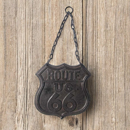 Retro Cast Iron Route 66 Plaque with Chain - Rustic Western Vintage Road Sign