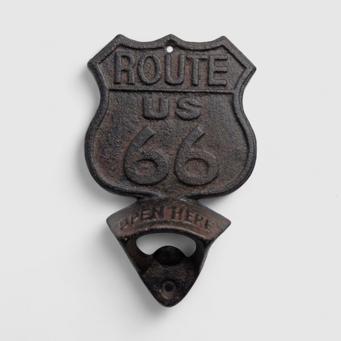 Route 66 Cast Iron Bottle Opener, Vintage Americana Bar Accessory