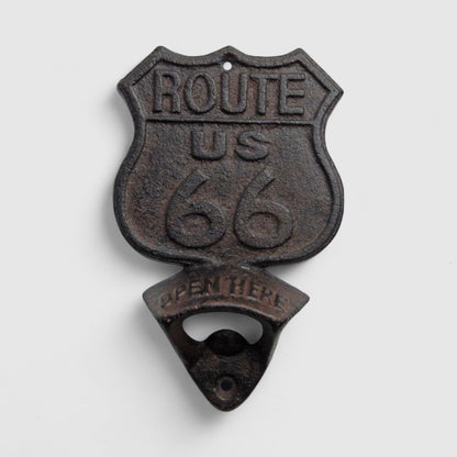 Route 66 Cast Iron Bottle Opener, Vintage Americana Bar Accessory