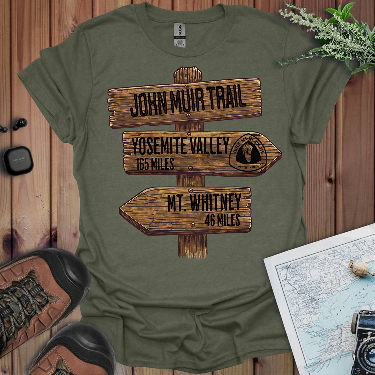 John Muir Trail Unisex T-Shirt Wood Sign 211 Miles
