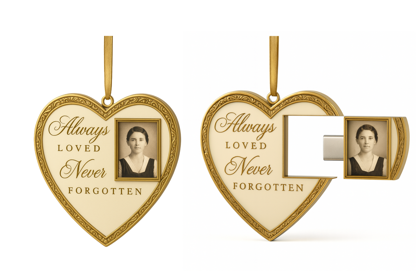 Heirloom-Quality Metal Memorial Ornament with Hidden USB-C Drive – Double-Sided Photo Frame Keepsake to Relive Loved Ones’ Memories