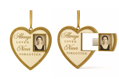 Heirloom-Quality Metal Memorial Ornament with Hidden USB-C Drive – Double-Sided Photo Frame Keepsake to Relive Loved Ones’ Memories