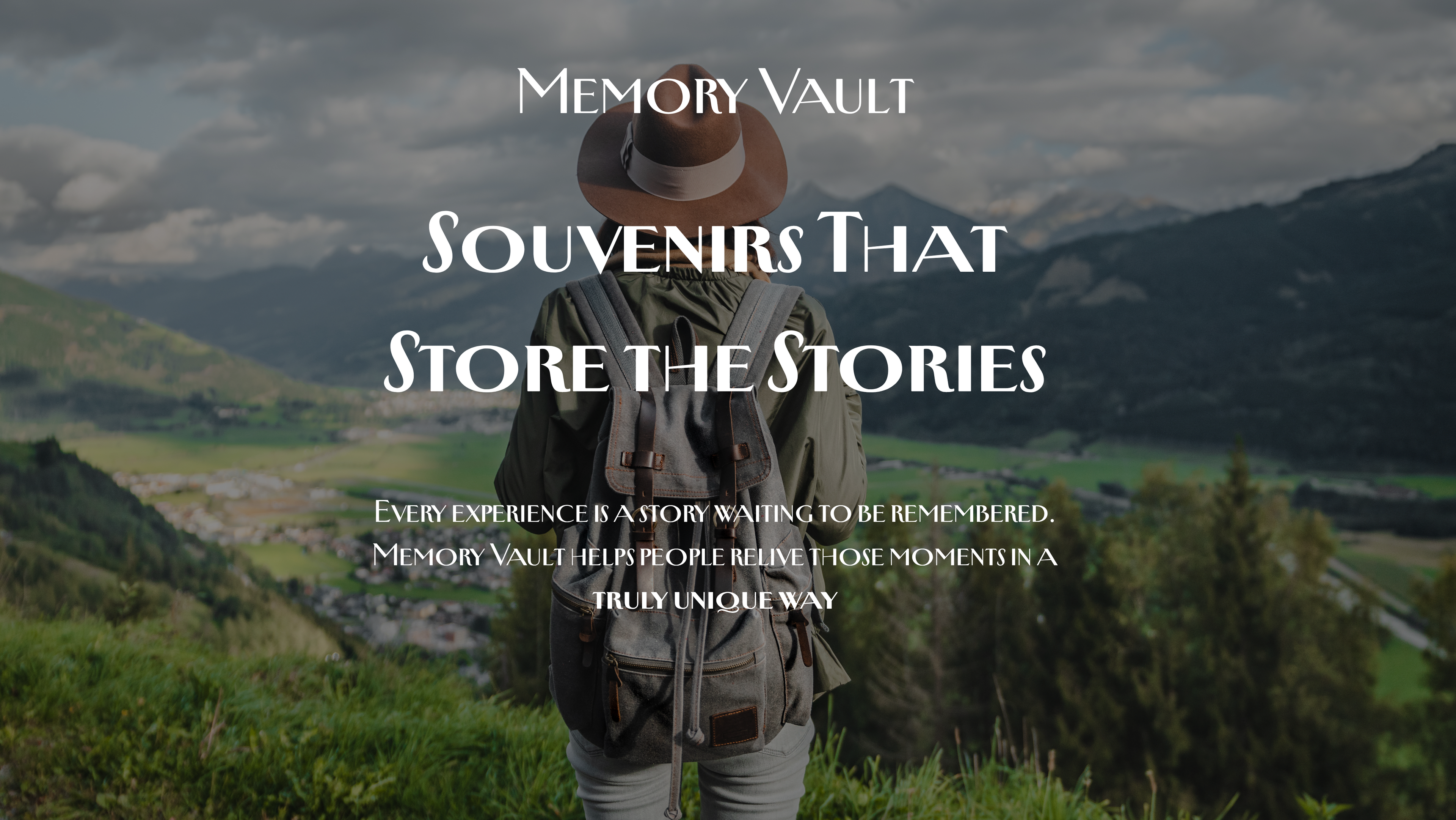 Person with backpack and hat overlooking a scenic landscape with text overlay about 'Memory Vault'.