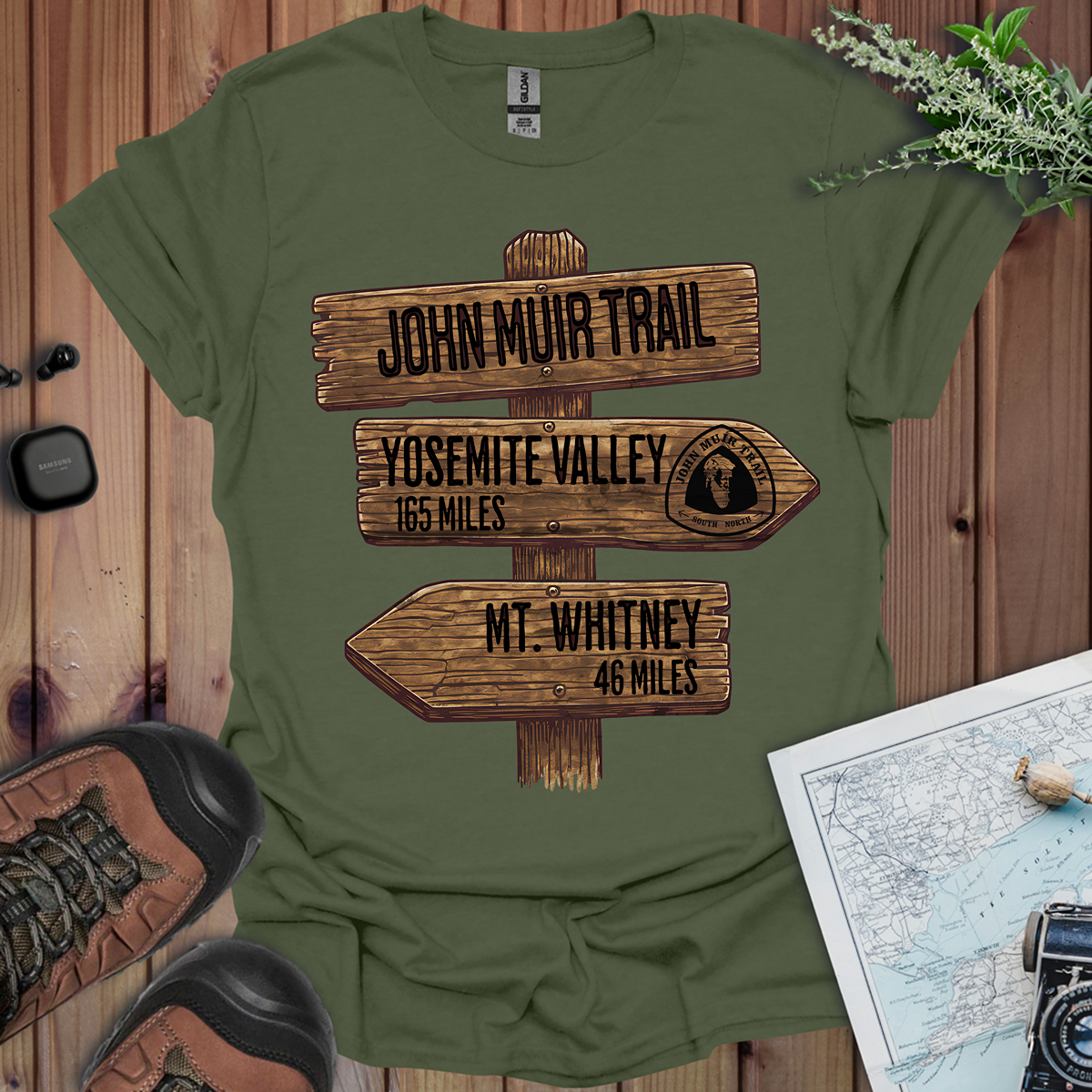John Muir Trail Unisex T-Shirt Wood Sign 211 Miles