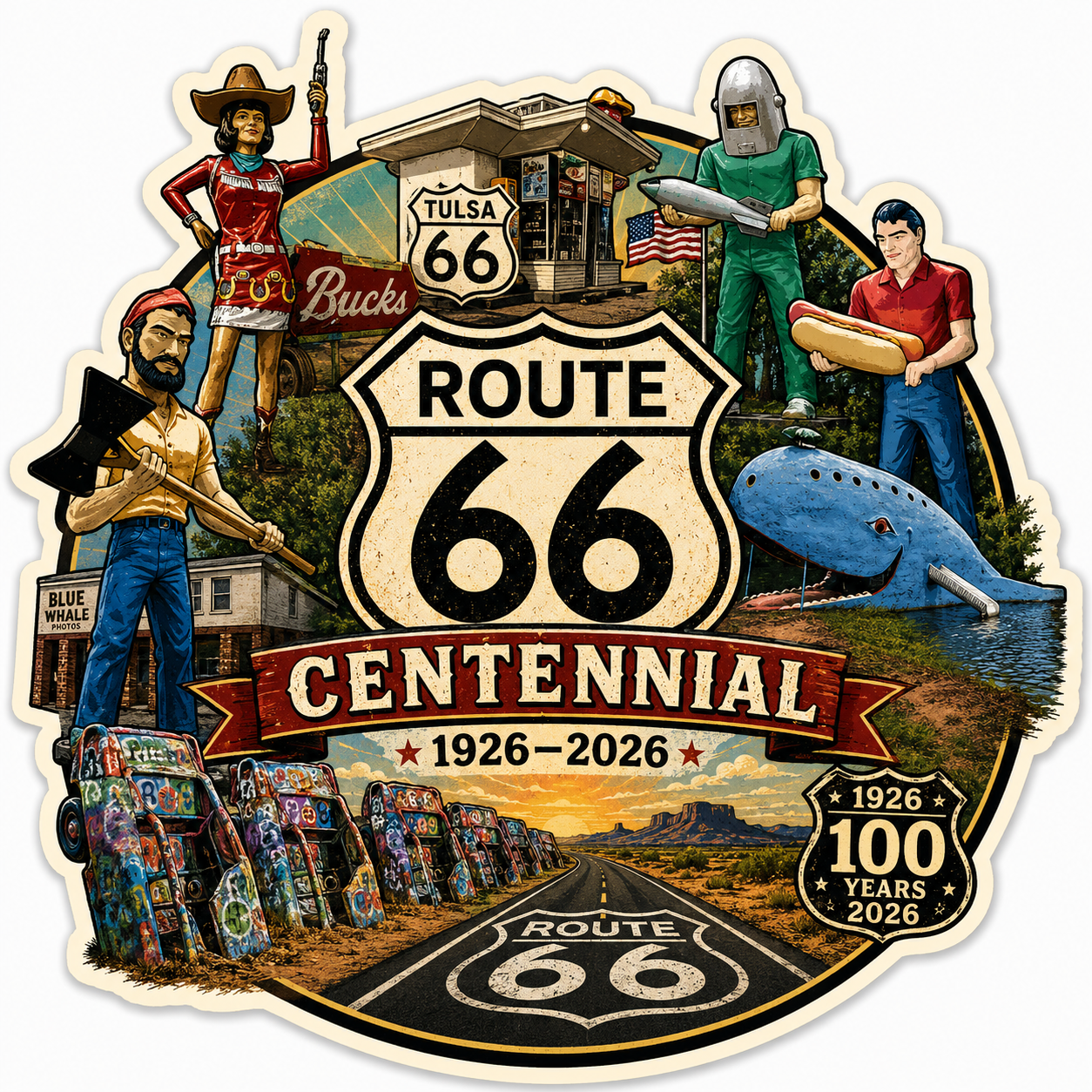 (21) Route 66 Centennial Stickers (4") – Bulk Wholesale Orders
