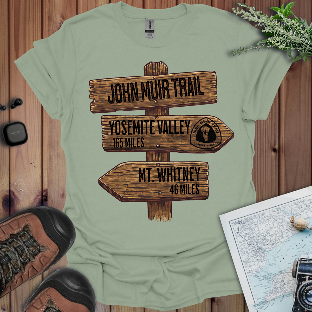 John Muir Trail Unisex T-Shirt Wood Sign 211 Miles