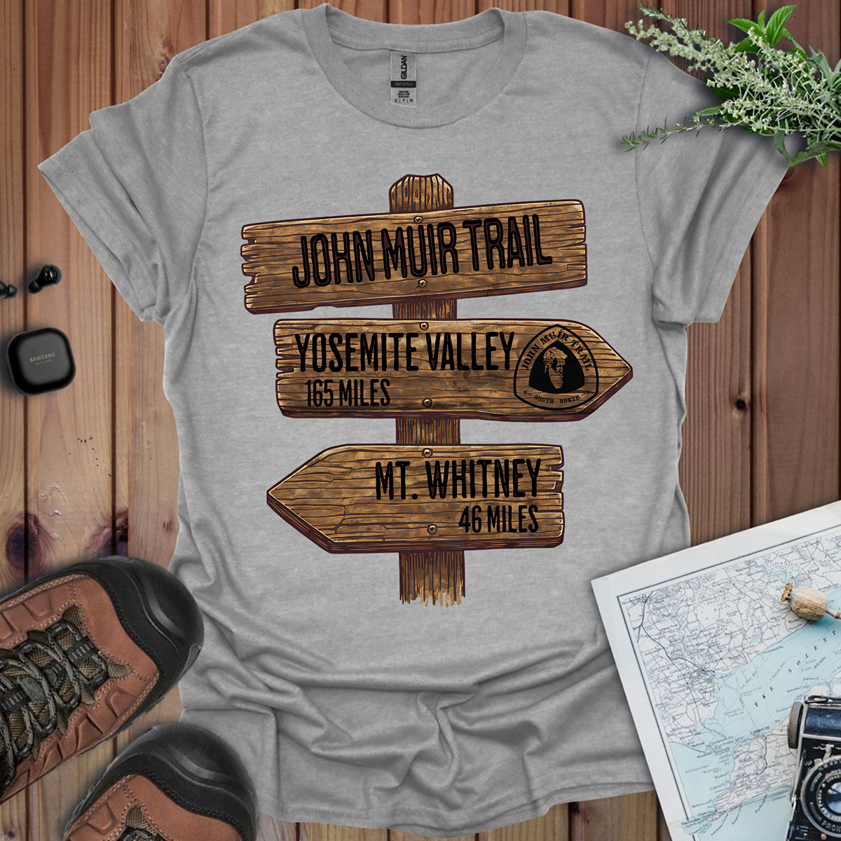 John Muir Trail Unisex T-Shirt Wood Sign 211 Miles