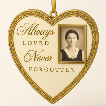 Always Loved, Never Forgotten” Heart-Shaped Memorial Ornament with Hidden 32 GB USB-C Drive – Double-Sided Photo Frame Keepsake