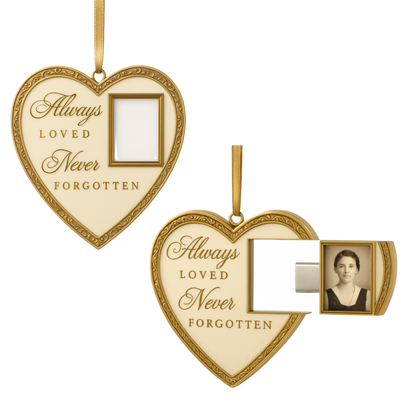 Always Loved, Never Forgotten” Heart-Shaped Memorial Ornament with Hidden 32 GB USB-C Drive – Double-Sided Photo Frame Keepsake