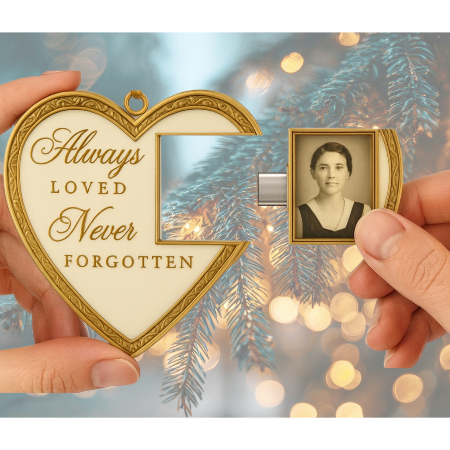 Always Loved, Never Forgotten” Heart-Shaped Memorial Ornament with Hidden 32 GB USB-C Drive – Double-Sided Photo Frame Keepsake
