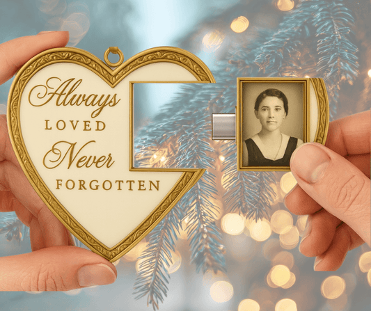 Heirloom-Quality Metal Memorial Ornament with Hidden USB-C Drive showcasing a heart-shaped design and photo.