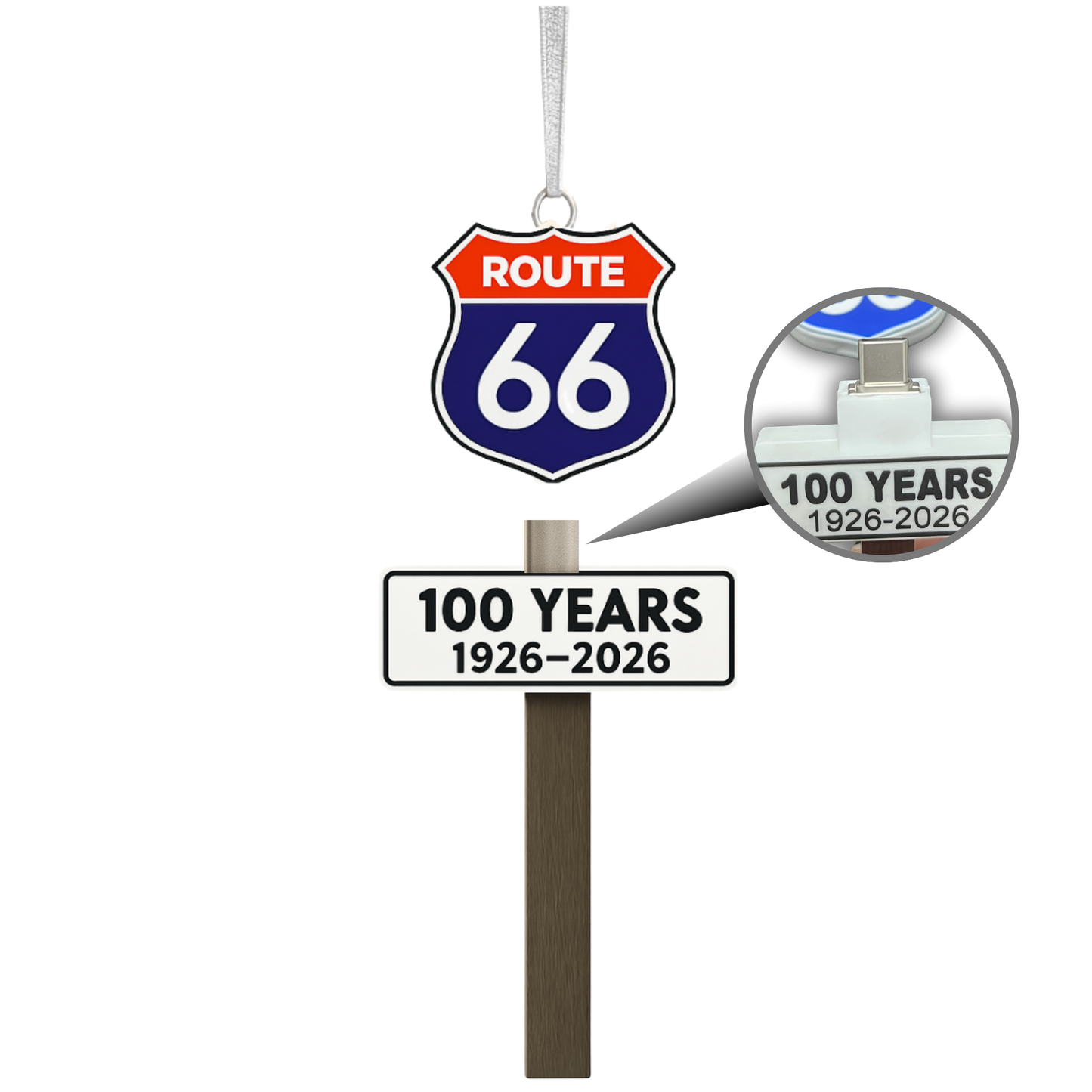 Route 66 Centennial Ornament –  Hidden USB-C Keepsake | $5 from every purchase supports Route 66 Preservation